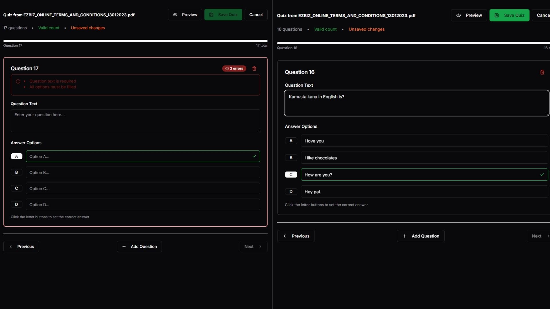 Quiz editor showing adding and correcting questions interface